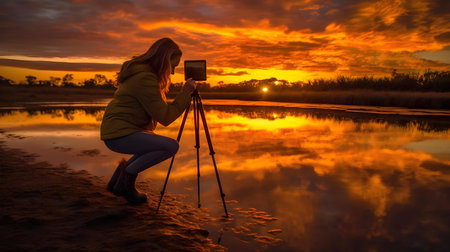 Photographer with camera on tripod taking pictures of beautiful sunset over lakeの素材