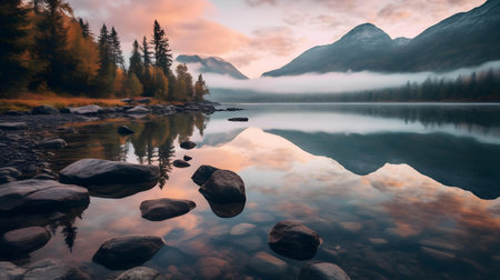 Mountain lake at sunrise with reflection in water. Beautiful scenery.の素材