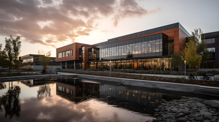 Modern office building exterior with reflection in water at sunset, wide photoの素材