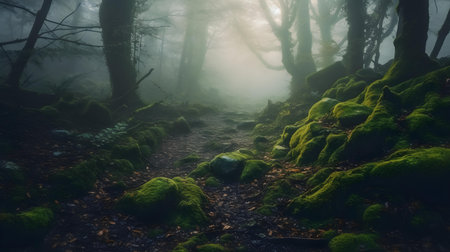Mysterious foggy forest with mossy stones and old pathwayの素材