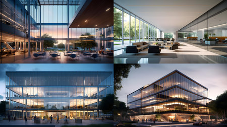 Collage of modern office building exterior. 3D rendering.の素材