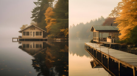 Autumn lake landscape with wooden house in a foggy morning.の素材