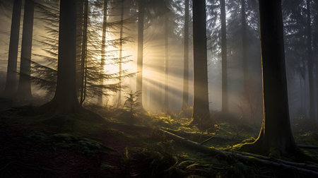 Mysterious forest with fog and sunbeams in the morningの素材