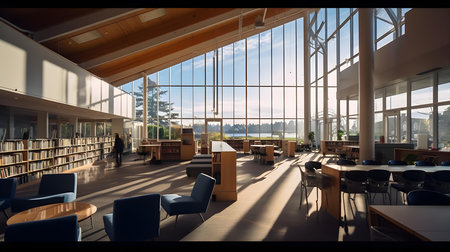 Library interior with bookshelf and blue chairs. 3d renderingの素材