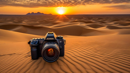 Sunset over the Sahara desert with a camera and dunes in Moroccoの素材