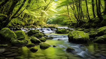 River in the forest with green moss and rocks. Digital painting.の素材