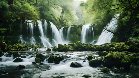Waterfall in deep forest at summer. Beautiful waterfall in green forest.の素材