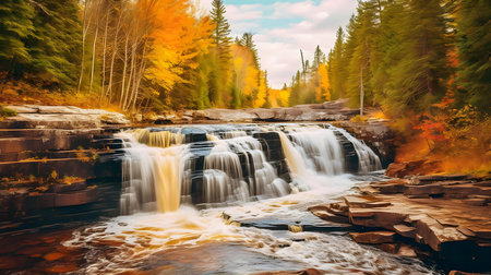 Waterfall in the autumn forest. Colorful autumn landscape with waterfall.の素材