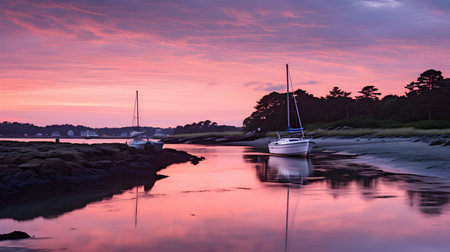 Sunset at the beach with boats in the foreground and a pink skyの素材