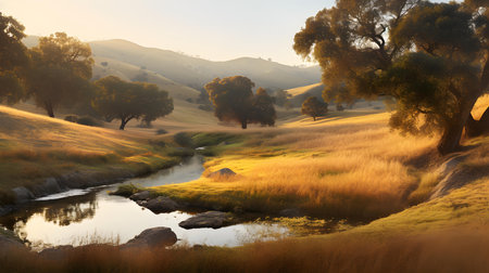 Landscape with river and trees in the morning light, California, USAの素材