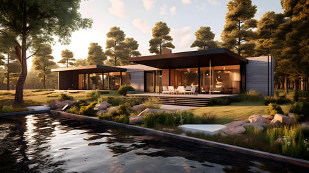 3d rendering of modern cozy chalet with pool and parking for sale or rent in luxurious style and beautiful landscaping on background. Clear sunny summer evening with blue sky.の素材