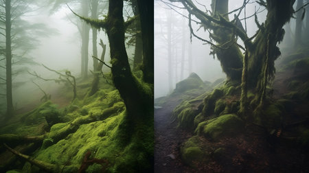 Collage of two images of a forest with fog and moss.の素材