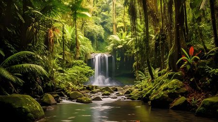 Tropical waterfall in rainforest, rainforest in Bali, Indonesiaの素材