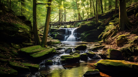Beautiful waterfall in the forest with green moss and rocks in the foregroundの素材
