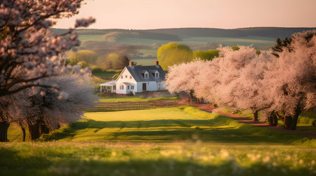 Cherry blossoms in the spring in the countryside with a houseの素材