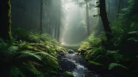 Mysterious dark forest with a stream and ferns.の素材