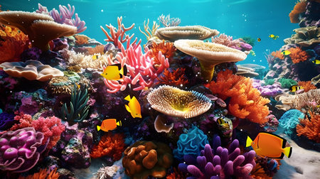 Underwater world with corals and tropical fish. 3d renderingの素材
