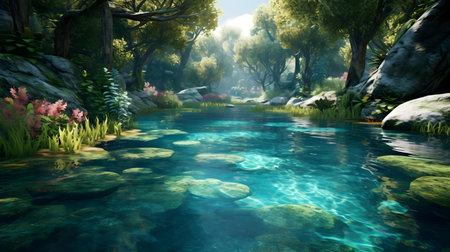 3D render of a fantasy landscape with a pond in the forestの素材