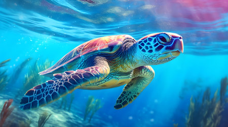 Green sea turtle swimming in deep blue ocean water. 3d renderingの素材