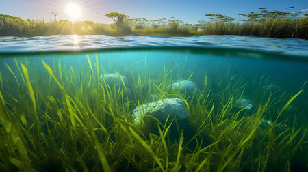 Underwater view of lake with green grass and blue sky background.の素材