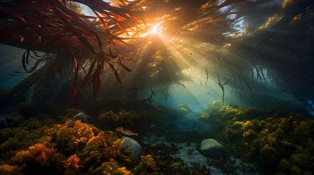 Underwater view of a tropical coral reef with sunbeams.の素材