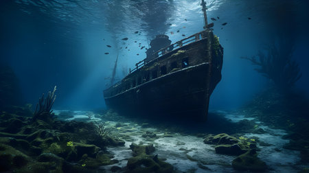 Underwater view of the sunken shipwreck on the seabedの素材