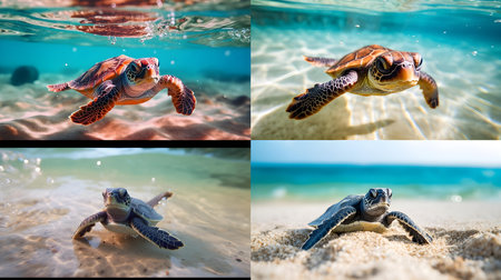 Collage of sea turtles swimming in the sea. Selective focusの素材