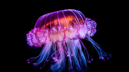 Beautiful jellyfish isolated on black background. Jellyfish in neon lights.の素材