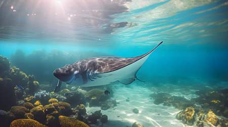 Manta ray in the Red Sea. Underwater world. 3D renderingの素材