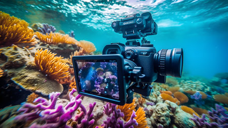 Cinema camera on a coral reef. Underwater photography.の素材