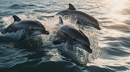 Dolphins jumping out of the water. Toned image. 3d renderingの素材