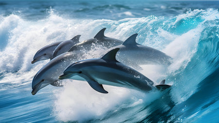 Dolphins jumping out of the ocean. 3D illustration. Wild animal.の素材