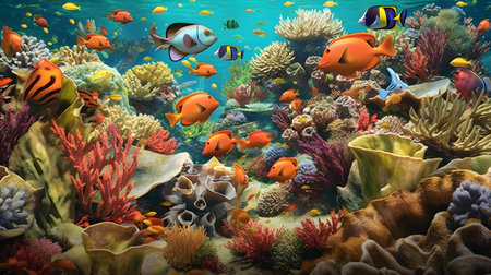 Underwater scene with coral reef and tropical fish. 3d renderingの素材