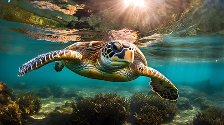 Hawaiian green sea turtle (Chelonia mydas) swimming underwater in Hawaiiの素材