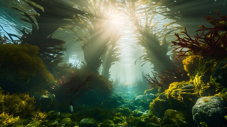 Underwater view of a coral reef with seaweed and sun raysの素材