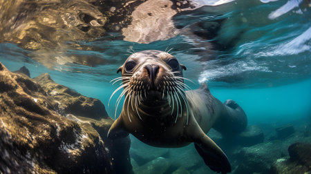 Sea lion swimming in the ocean. Close up of a seal.の素材