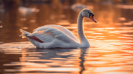 Beautiful white swan swimming on the lake at sunset. The mute swan, Cygnus olorの素材