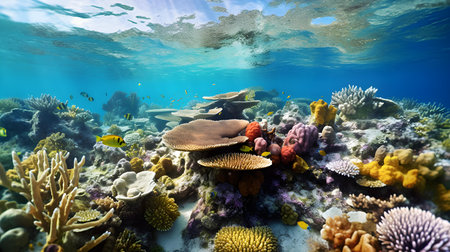 Underwater view of coral reef with fish and hard corals.の素材