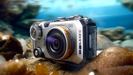 Digital SLR camera on the sand. 3d rendering. Computer digital drawing.の素材