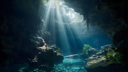 Underwater view of an underwater cave with sunlight coming through the cloudsの素材