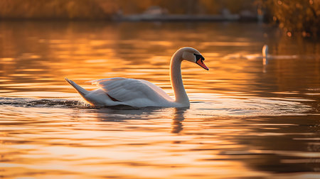 Beautiful white swan swimming on the lake at sunset in autumnの素材