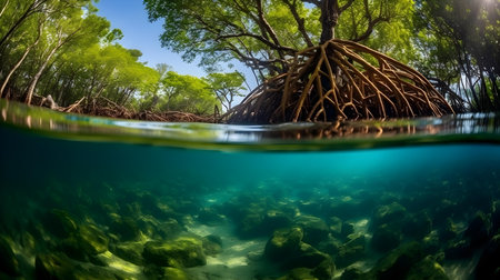 Mangrove forest underwater with blue water. 3D renderingの素材