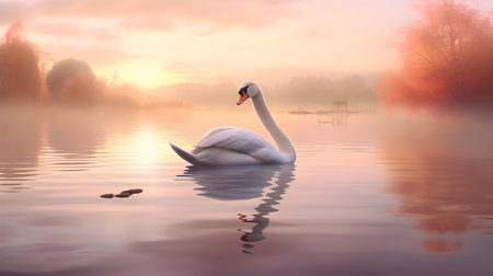 Swan on the lake in foggy morning, 3d renderの素材