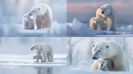 Polar bear (Ursus maritimus) mother and cub on the pack ice, north of Svalbard Arctic Norwayの素材