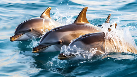 Dolphins jumping out of the water with splashes of water.の素材