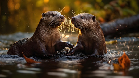 Two wet Asian small-clawed otters fighting in the waterの素材