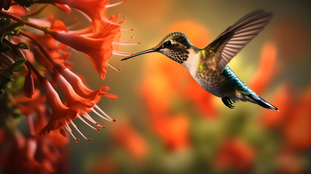 Hummingbird in flight with flowers in the background. Collage.の素材