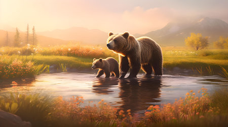 Bear and bear cubs in the water at sunset. 3D renderingの素材