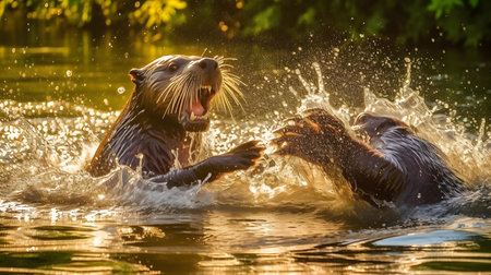 Otters fighting in the water on a sunny summer day.の素材