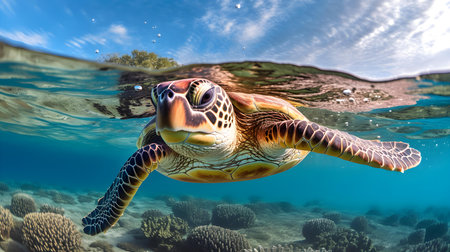 Hawaiian Green Sea Turtle (Eretmochelys imbricata) swimming underwater.の素材